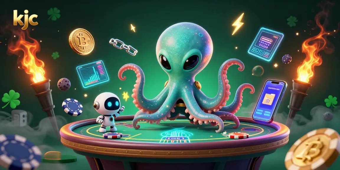 KJC showcases a vibrant scene of a poker alien octopus and robot gaming with asteroid poker chips.