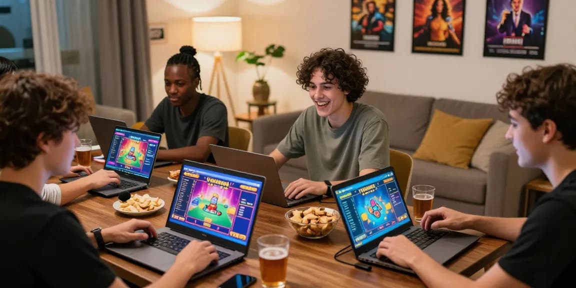 Dynamic gaming scene of players enjoying gamebaidoithuong at home with engaging interfaces and snacks.