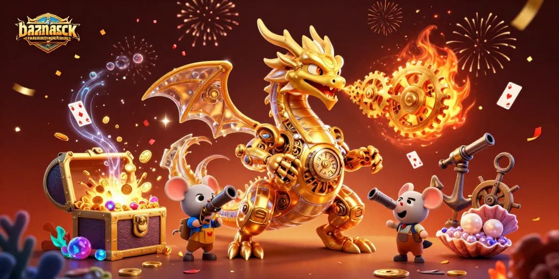 Play and win big at baznaskotatanjungpinang featuring a 3D golden dragon amidst casino treasures.