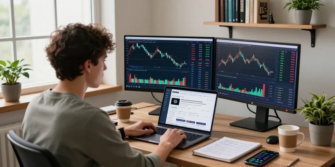 Отзыв о брокере BitMEX, трейдер в домашнем офисе анализирует графики и новости.
