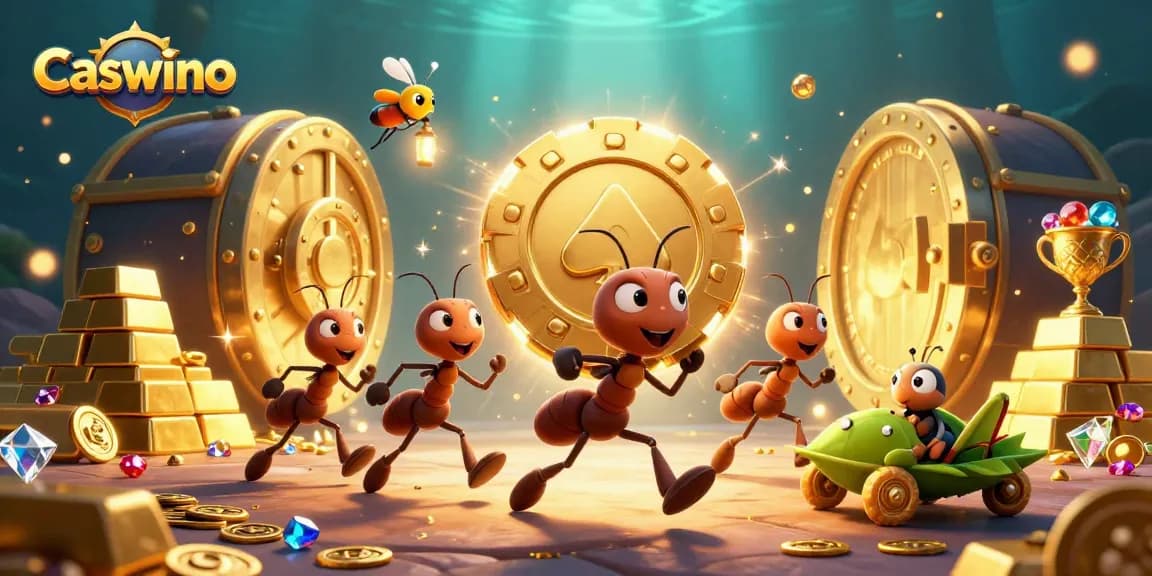 Caswino ants run a heist, carrying a giant poker chip amidst treasure in a vibrant casino scene.
