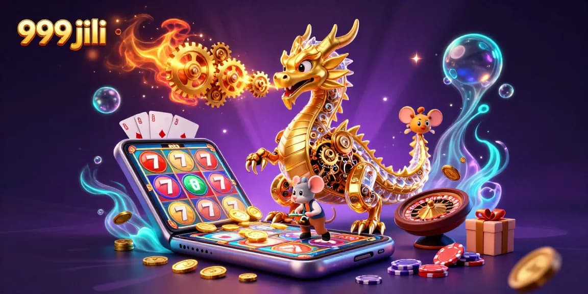 Experience the thrill of 999 jili as the golden dragon breathes gears amidst slot games and poker elements.