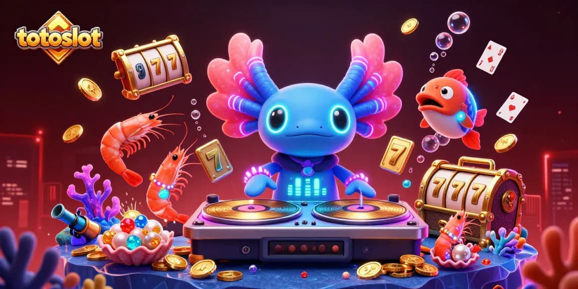 Totoslot showcases a vibrant gambling paradise with an axolotl DJ and dancing sea creatures celebrating jackpot wins.
