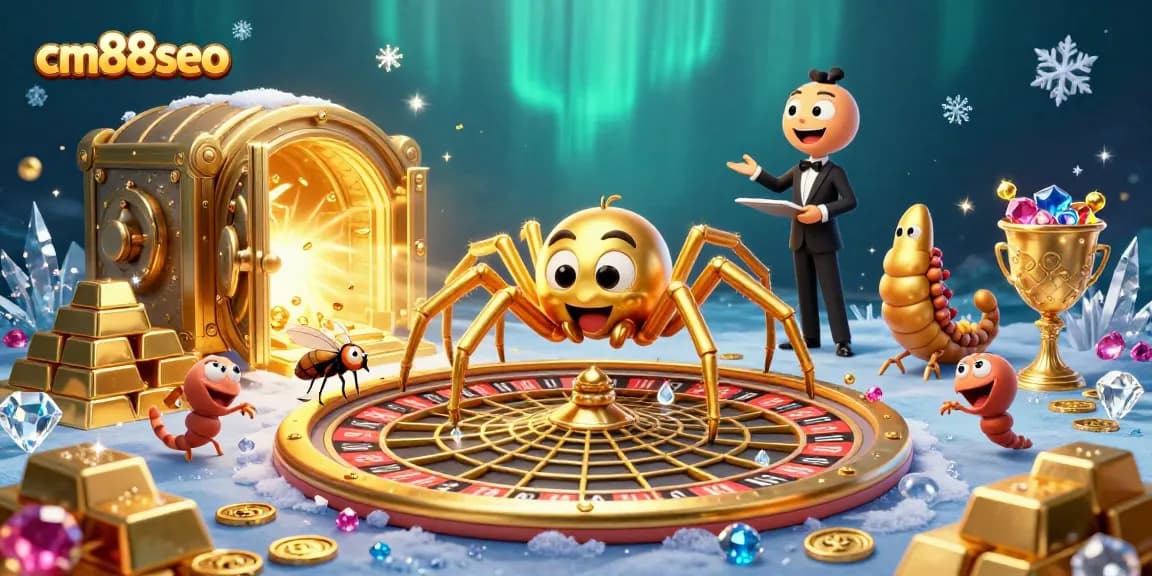 Bet and win big at cm88seo with a golden spider, roulette web, and dynamic characters.