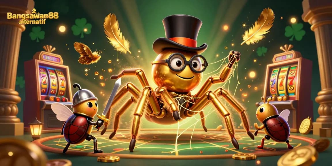 Engaging illustration of bangsawan88 alternatif in a dynamic casino scene with characters and slot machine elements.