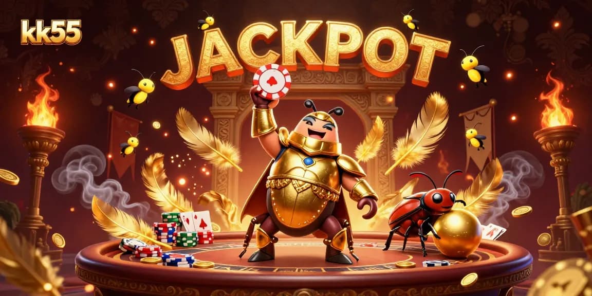 kk55 celebration with a hercules beetle lifting a poker chip while thrilling energy surrounds a vibrant casino scene
