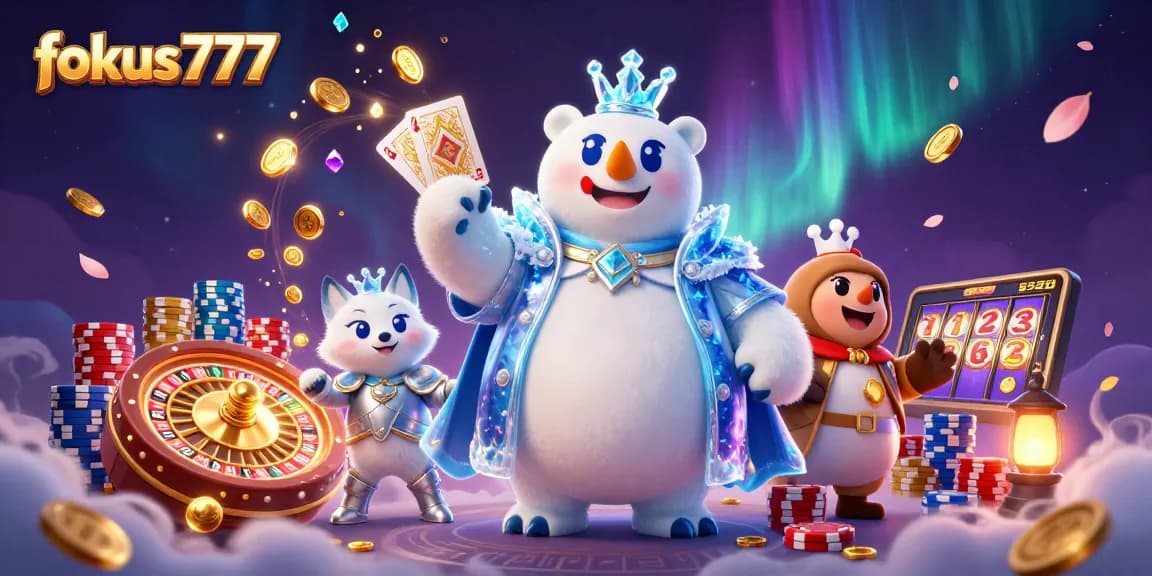 Win big with fokus777 in this dynamic casino scene featuring enchanting characters and game elements.