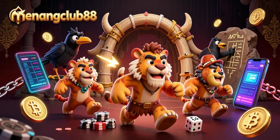 Experience the thrill of menangclub88 with a vibrant casino scene featuring a caveman and tiger duo.