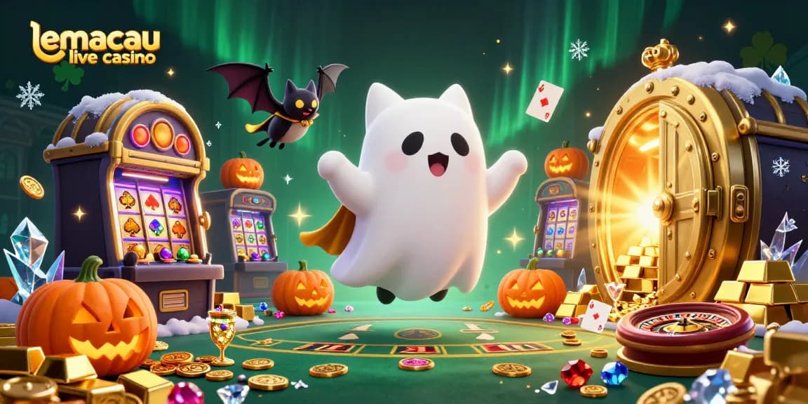 Experience the thrill at lemacau live casino with a playful ghost cat and vibrant casino elements.