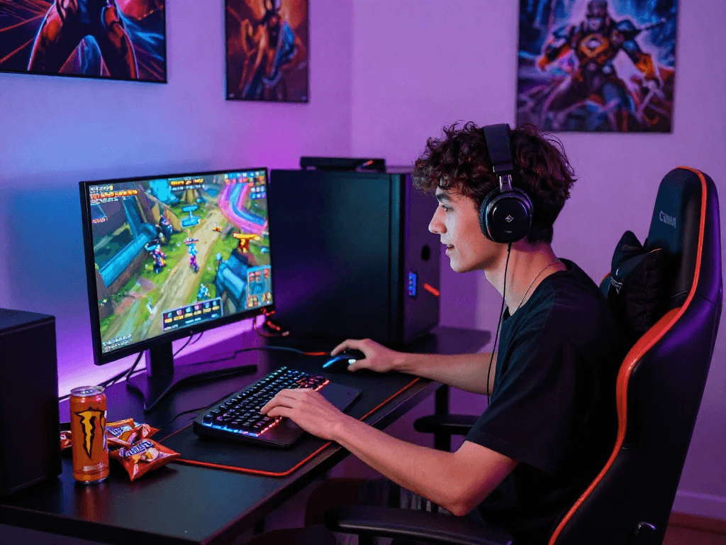 Exciting scene of a young adult playing slot88 on a gaming laptop, surrounded by vibrant gaming accessories and ambient light.