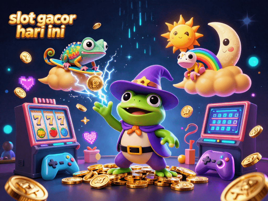 Experience thrilling wins with slot gacor hari ini featuring a dynamic scene of a wizard frog and chameleon in a magical casino atmosphere.