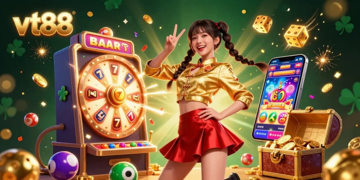 Experience the excitement of vt88's vibrant casino scene with stunning characters, slots, and colorful confetti.