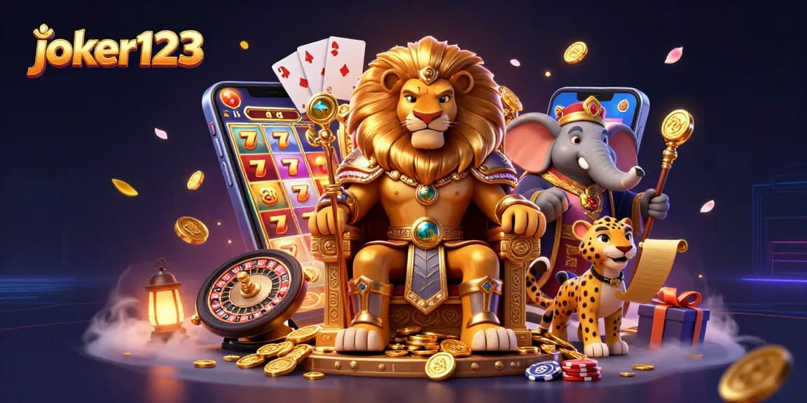 Permainan joker123 dengan singa raja, uang emas, dan simbol jackpot kini hidup.