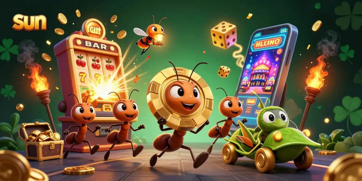 Experience the thrill of sun-themed casino gaming with ants heisting a golden poker chip in vibrant 3D.