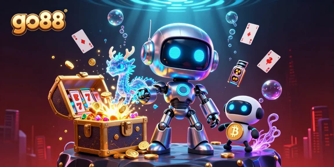 Engage in the vibrant world of go 88 with a thrilling casino scene featuring a cyberpunk mascot and holographic companions.