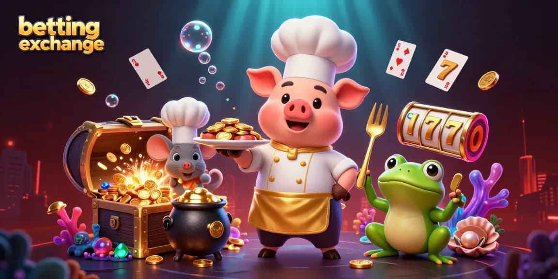Engage in the betting exchange with lively animated characters showcasing gold coins and slot reels.