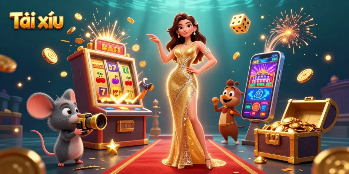 Tài xỉu players celebrate with coins and golden dice in an exciting online casino scene.