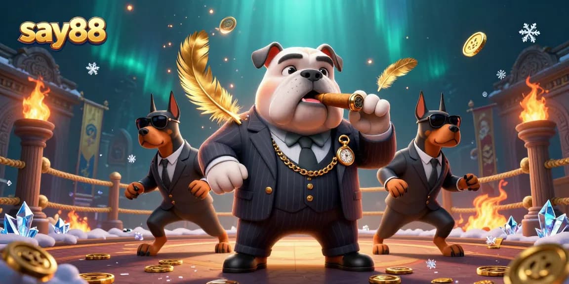 Experience thrilling action at say88 with a mafia bulldog boss and security team in a vibrant casino illustration.