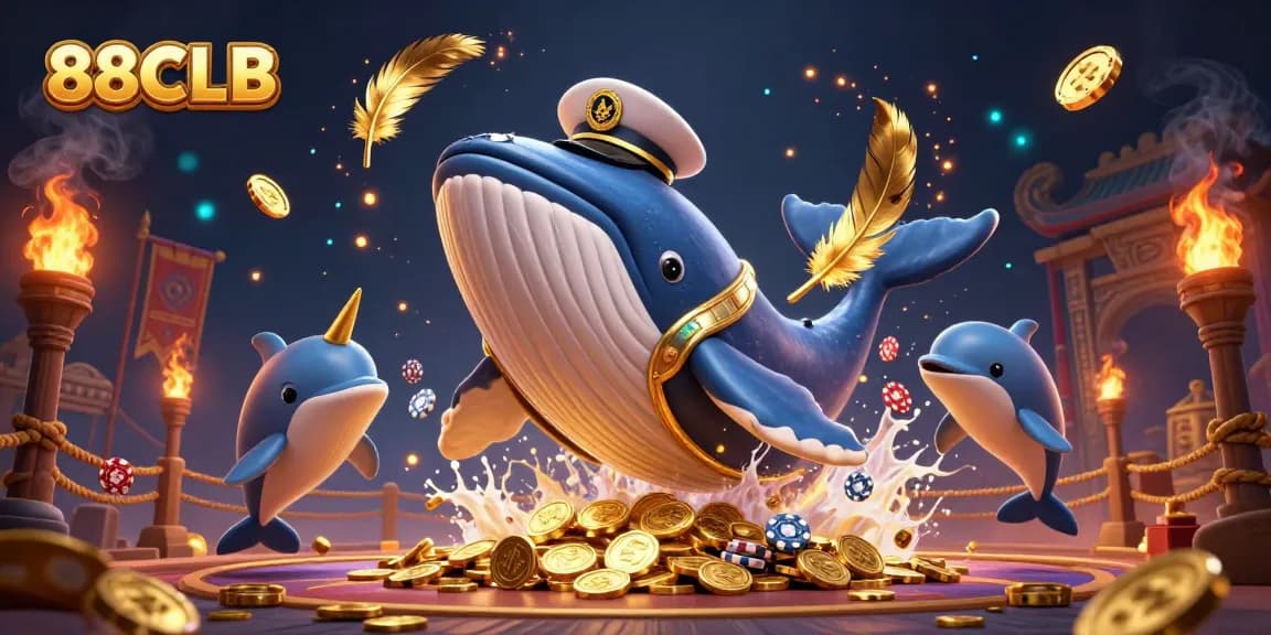 Engage in thrilling casino adventures with 88CLB, where a whale, narwhal, and dolphins celebrate winnings.