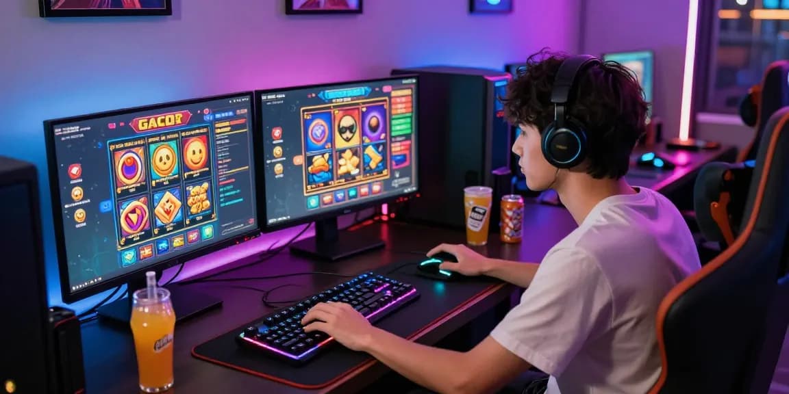 Gamer bermain slot gacor dengan monitor colorful dan suasana gaming yang energik.
