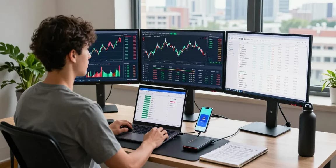 Play exchange trading atmosphere with cryptocurrency charts and digital wallets in a modern workspace