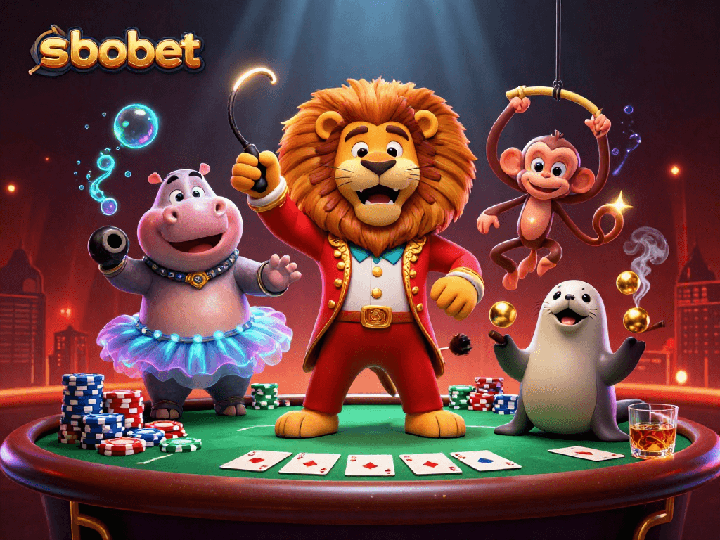 Engage with sbobet sports betting action featuring vibrant 3D circus characters amidst a dynamic casino scene.