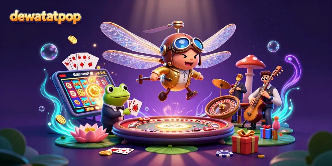 Bermain di dewatatopup dengan croupier katak membagikan kartu dalam suasana kasino penuh warna.