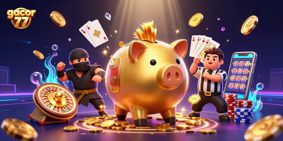 Gacor 77: ilustrasi kasino menegangkan dengan dompet ninja dan pegulat piggy bank emas.