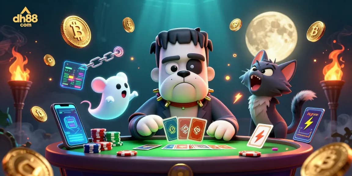 Bet on dh88 com with a thrilling 3D casino scene featuring a monster dealer and crypto elements.