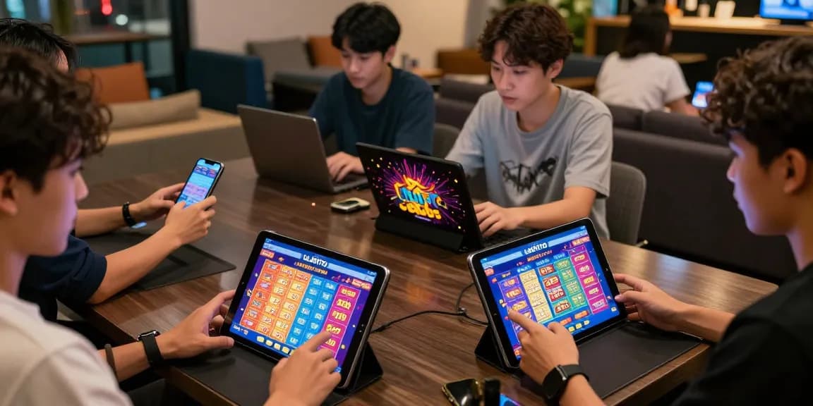 Players enjoying ULARTOTO's online lottery platform in a vibrant gaming environment