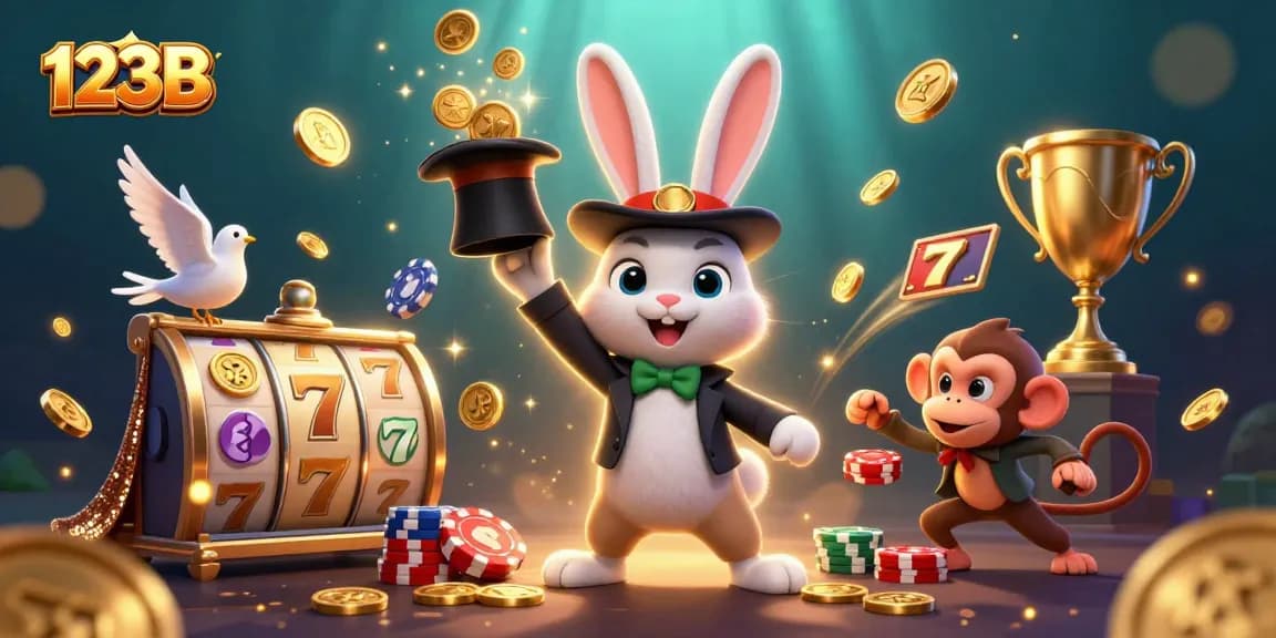 A 3D cartoon magician rabbit at 123B pulls golden coins while a monkey and dove create a lively casino scene.