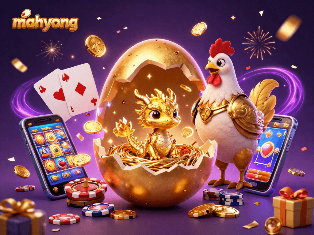 Spin and win with mahyong slots featuring golden dragon, poker chips, and vibrant game elements.