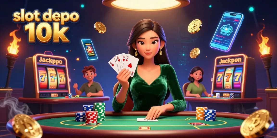 Play at slot depo 10k, showcasing a skilled Asian woman winning at a vibrant poker table.