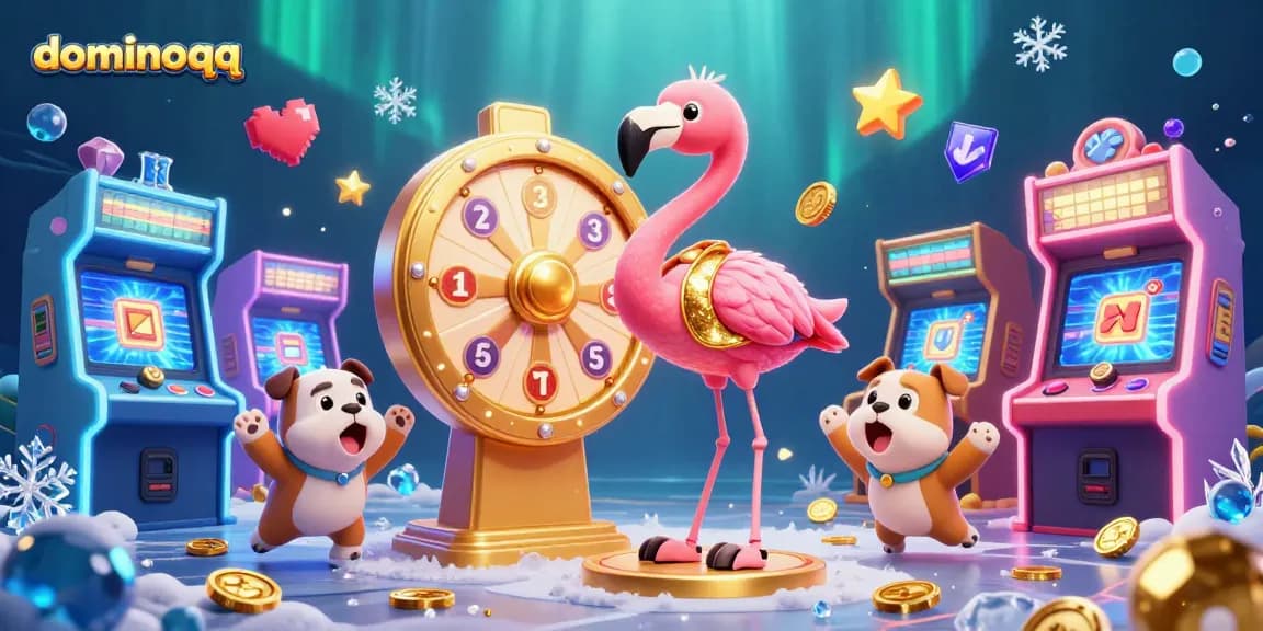 Experience thrilling casino action with dominoqq as a flamingo spins a prize wheel in a vibrant gaming scene.