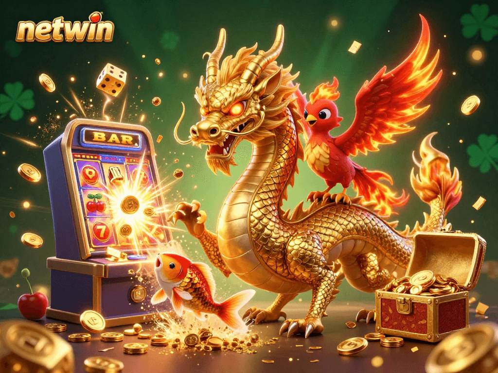 Immerse in netwin's thrilling online gaming with a vibrant 3D dragon and dynamic casino elements.