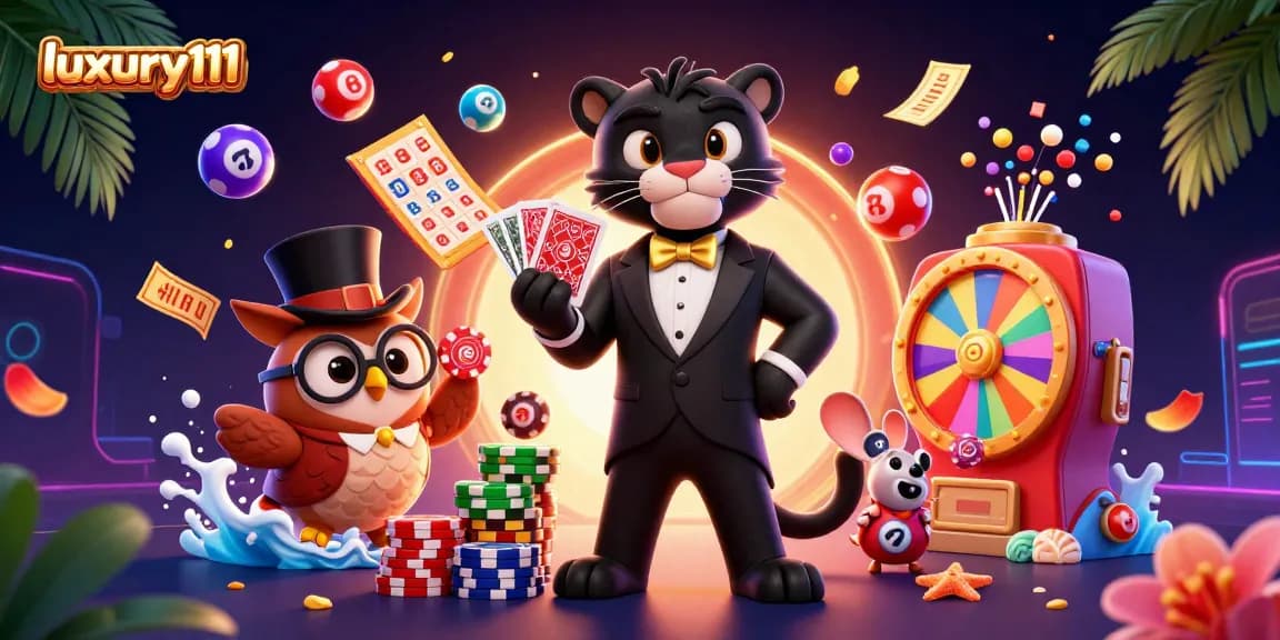 Experience thrilling gameplay with luxury111 as a stylish cartoon panther deals cards surrounded by vibrant casino elements.