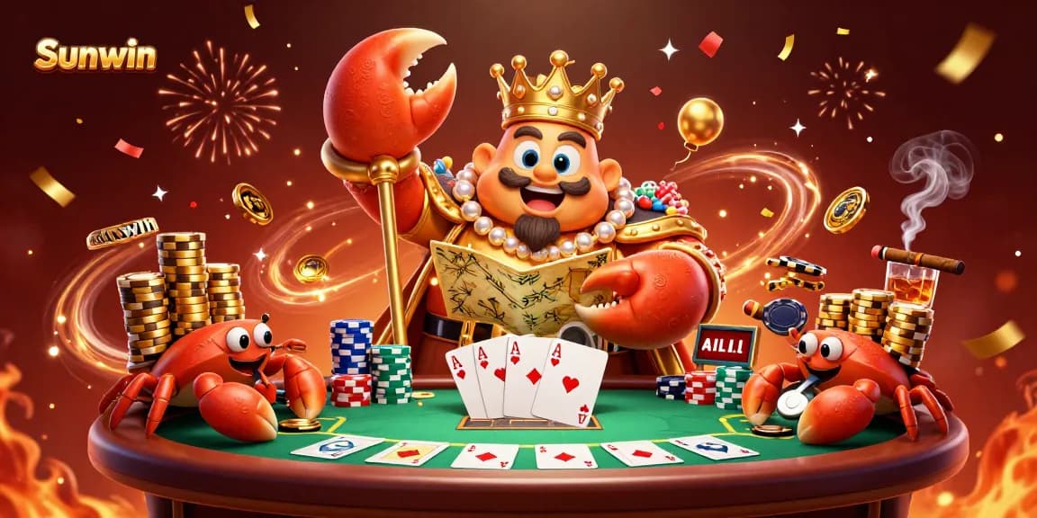 Experience the thrilling adventure of Sunwin with a golden crab emperor in a vibrant casino setting.