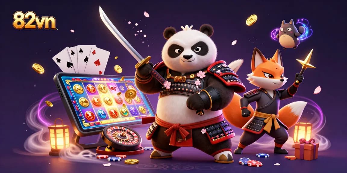 Experience thrilling gameplay with 82vn's dynamic casino scene featuring samurai and fox characters.