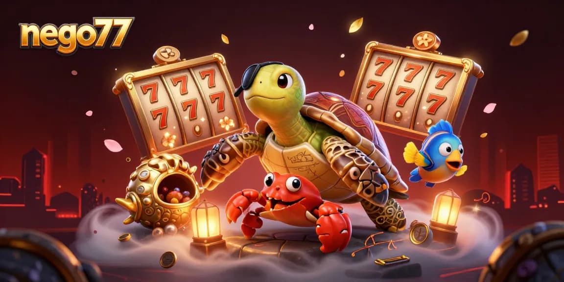 Nego77 slots scene with a cartoon pirate turtle, golden crab, and parrotfish, surrounded by jackpot symbols.