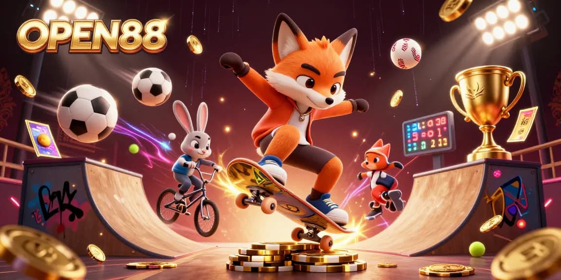 Experience thrilling gaming action with OPEN88 where a skateboarder fox and BMX rabbit celebrate dynamic wins.