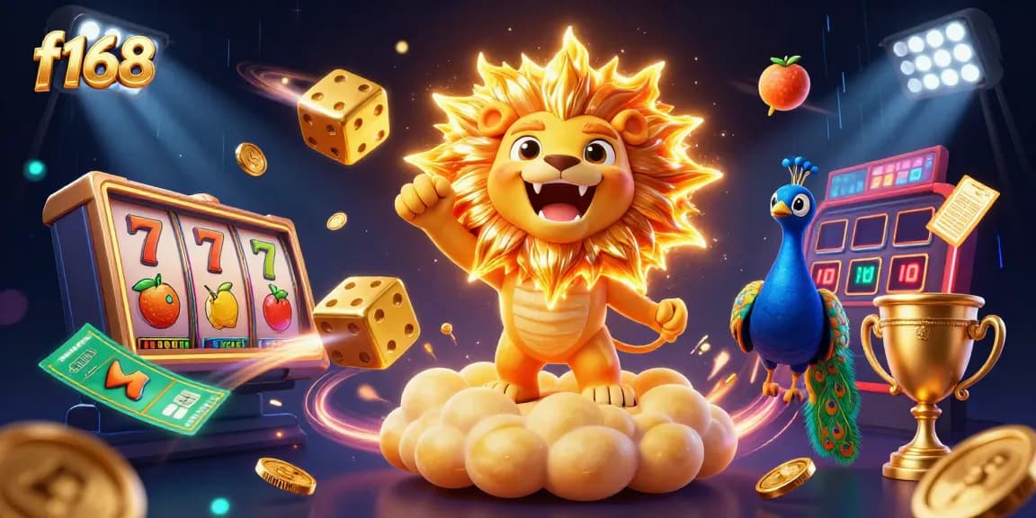 Experience thrilling gaming adventures at f168 with a vibrant 3D illustration showcasing slot reels and captivating elements.