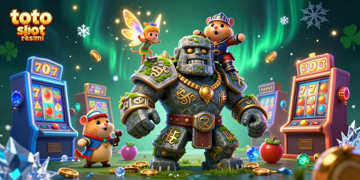Experience the thrilling world of toto slot resmi with our enchanting 3D illustration, showcasing a magical golem and knight.