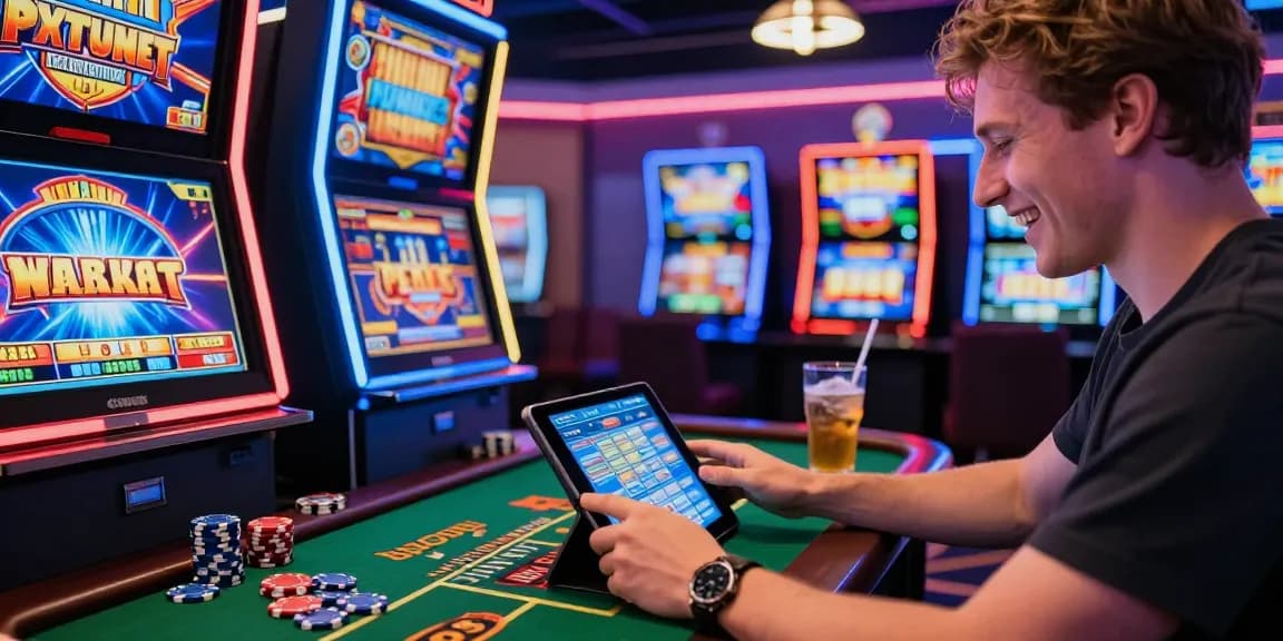 Exciting SLOT ONLINE gaming experience featuring a player at a vibrant digital casino.
