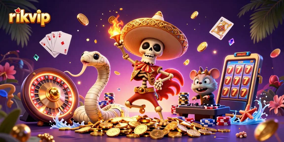 Experience thrilling gameplay at rikvip with our vibrant 3D casino illustration featuring dynamic characters and gaming elements.