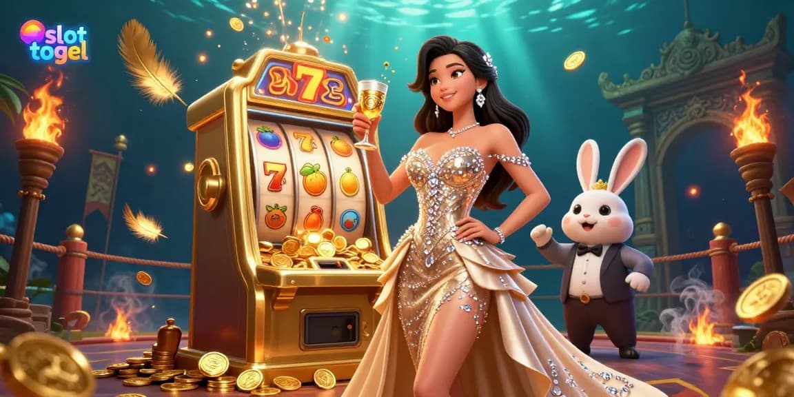 Experience the excitement of slot togel with a dazzling woman celebrating near a jackpot slot machine, surrounded by dynamic elements.