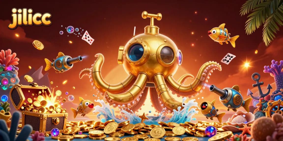 Engaging players with jilicc in a vibrant underwater casino scene featuring a golden kraken submarine and colorful gameplay elements.