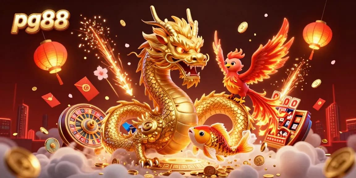 Experience thrilling gameplay at pg88 with a golden dragon, phoenix, and koi fish amid casino elements.