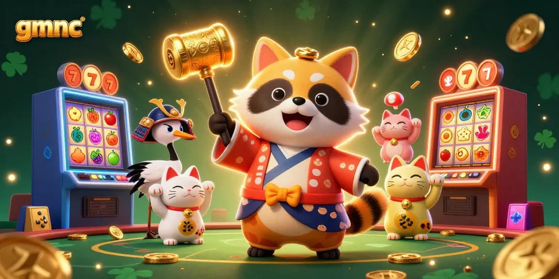 Experience exciting gaming moments with gmnc, featuring a cheerful tanuki and lucky slot machines.