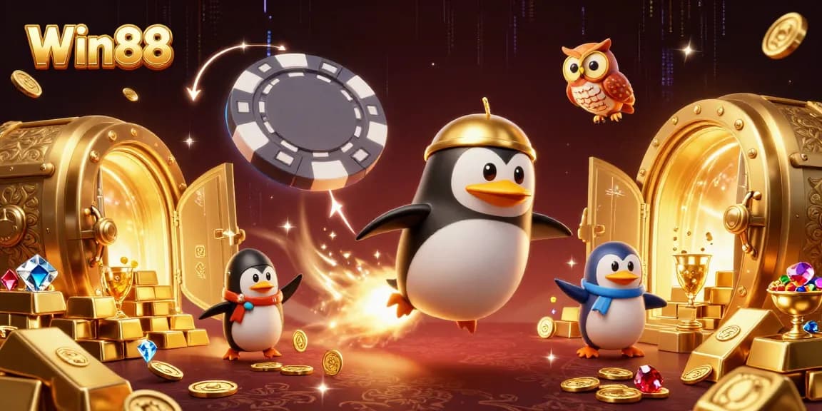 Win88 casino illustration featuring rocket-powered penguin and treasure vault in a dynamic scene.