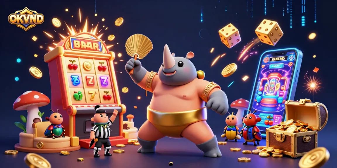 Experience the thrill of online gaming with OKVND in this vibrant 3D casino illustration.